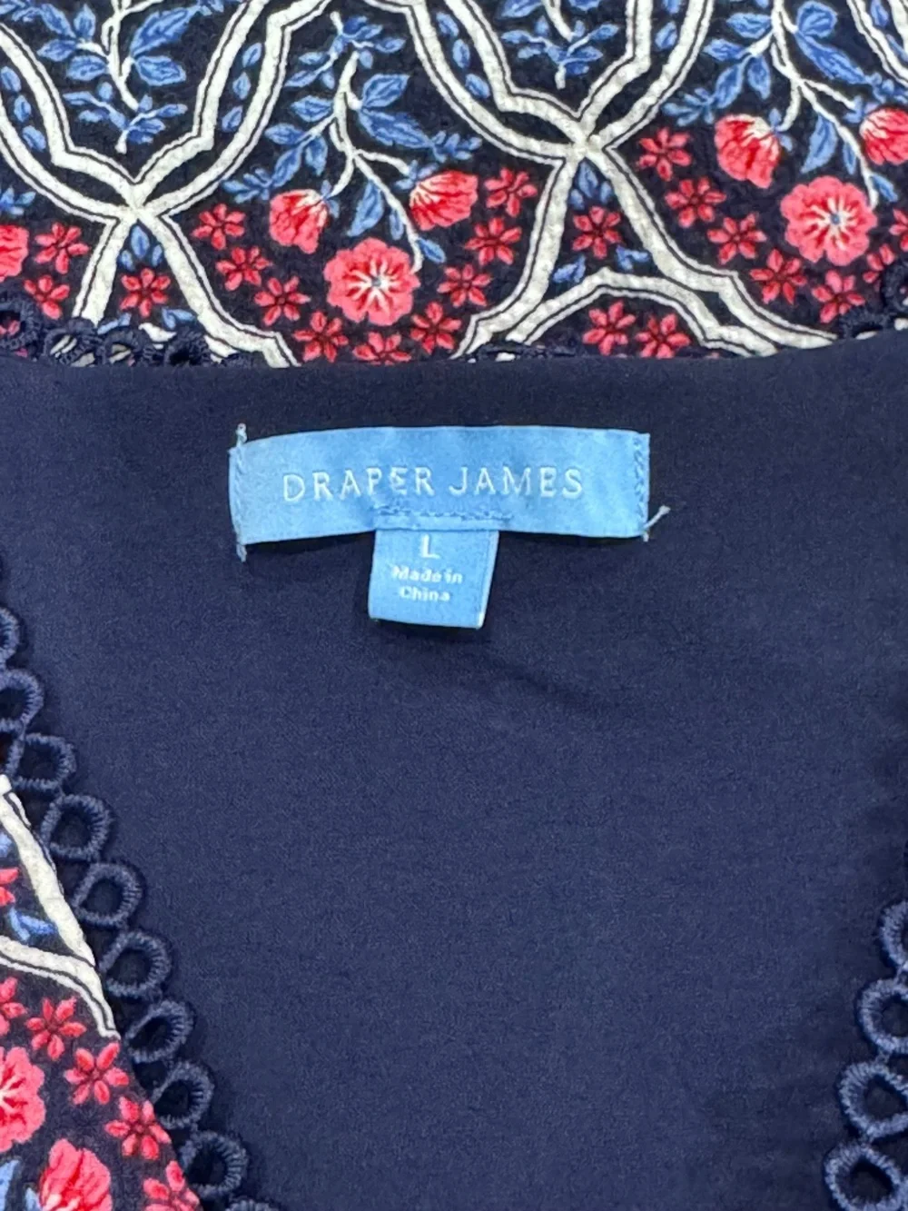 Draper James Smocked Waist V-Neck Midi Dress Navy Pink Floral w/pockets Large